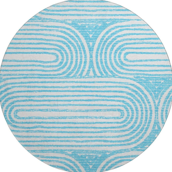 HomeRoots 8' Teal And Ivory Geometric Round Rug - Washable, UV Protected, Stylish Design for High-Traffic Areas 648265