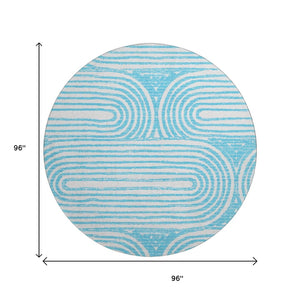 HomeRoots 8' Teal And Ivory Geometric Round Rug - Washable, UV Protected, Stylish Design for High-Traffic Areas 648265