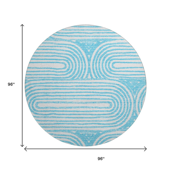 HomeRoots 8' Teal And Ivory Geometric Round Rug - Washable, UV Protected, Stylish Design for High-Traffic Areas 648265