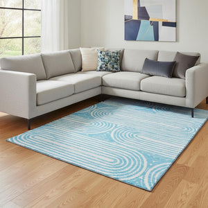 HomeRoots 8' X 10' Teal and Ivory Geometric Area Rug - Washable, UV-Protected, Perfect for Homes with Kids & Pets! 648266