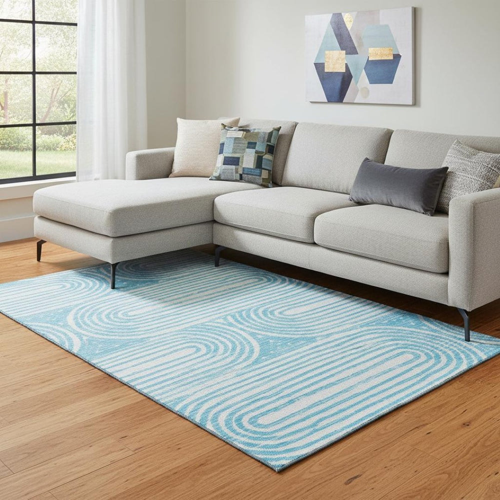 HomeRoots 9' X 12' Teal and Ivory Geometric Area Rug - Stain Resistant, UV Protected, Perfect for High-Traffic Spaces 648267