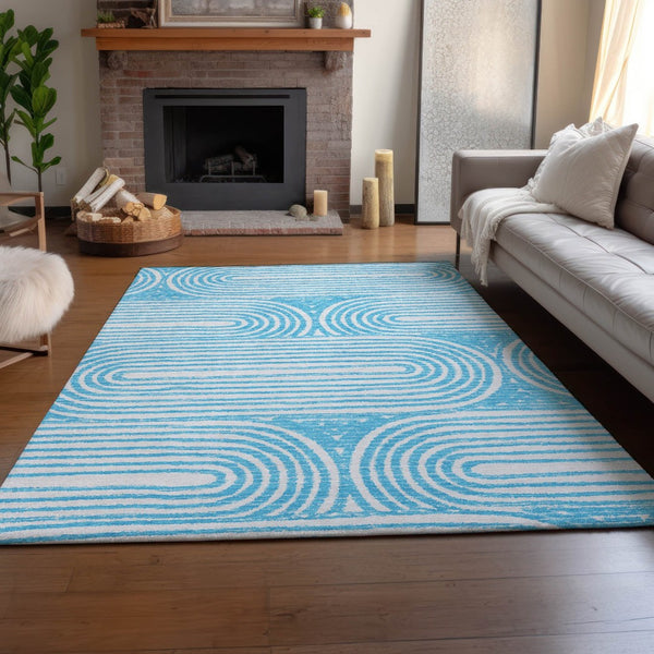 HomeRoots 9' X 12' Teal and Ivory Geometric Area Rug - Stain Resistant, UV Protected, Perfect for High-Traffic Spaces 648267