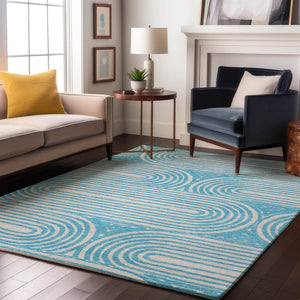 HomeRoots 10' Teal and Ivory Geometric Area Rug - Washable, UV Protected, Durable for Modern Living Spaces 648268