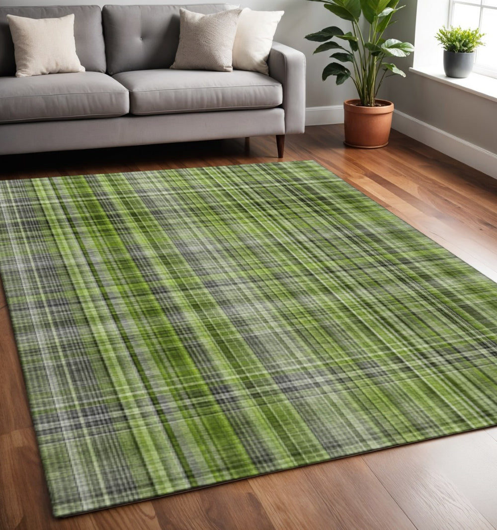 HomeRoots 5' X 8' Green Gray Ivory Plaid Washable Area Rug - Stylish, Durable, UV-Protected for Any Space! 648270