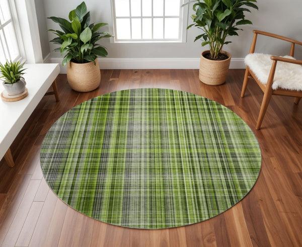 HomeRoots 8' Green Gray Ivory Plaid Washable Round Rug – Durable, Stain-Resistant, UV Protected for Any Room 648271