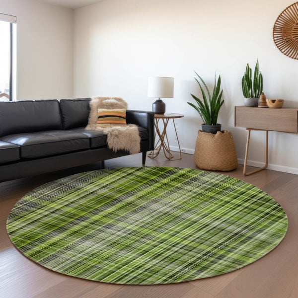 HomeRoots 8' Green Gray Ivory Plaid Washable Round Rug – Durable, Stain-Resistant, UV Protected for Any Room 648271