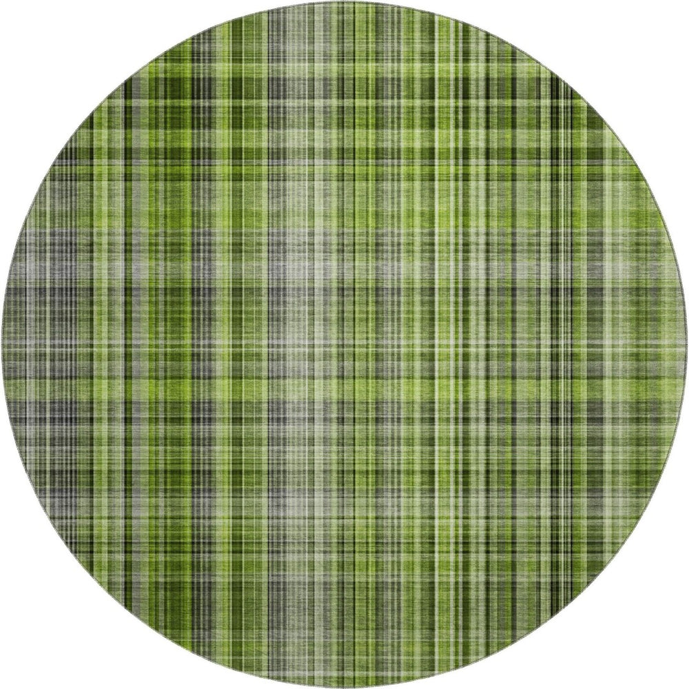 HomeRoots 8' Green Gray Ivory Plaid Washable Round Rug – Durable, Stain-Resistant, UV Protected for Any Room 648271