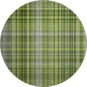 HomeRoots 8' Green Gray Ivory Plaid Washable Round Rug – Durable, Stain-Resistant, UV Protected for Any Room 648271