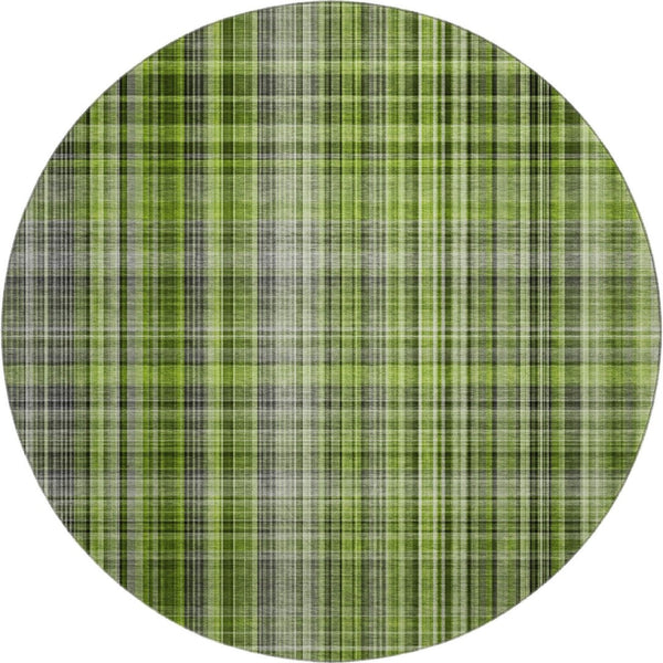 HomeRoots 8' Green Gray Ivory Plaid Washable Round Rug – Durable, Stain-Resistant, UV Protected for Any Room 648271