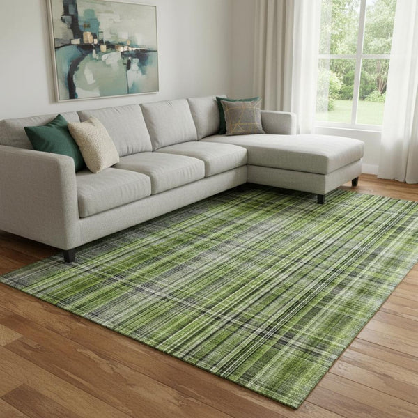 HomeRoots 9' X 12' Washable Plaid Area Rug in Green, Gray & Ivory - Stain Resistant, UV Protected & Durable! 648273