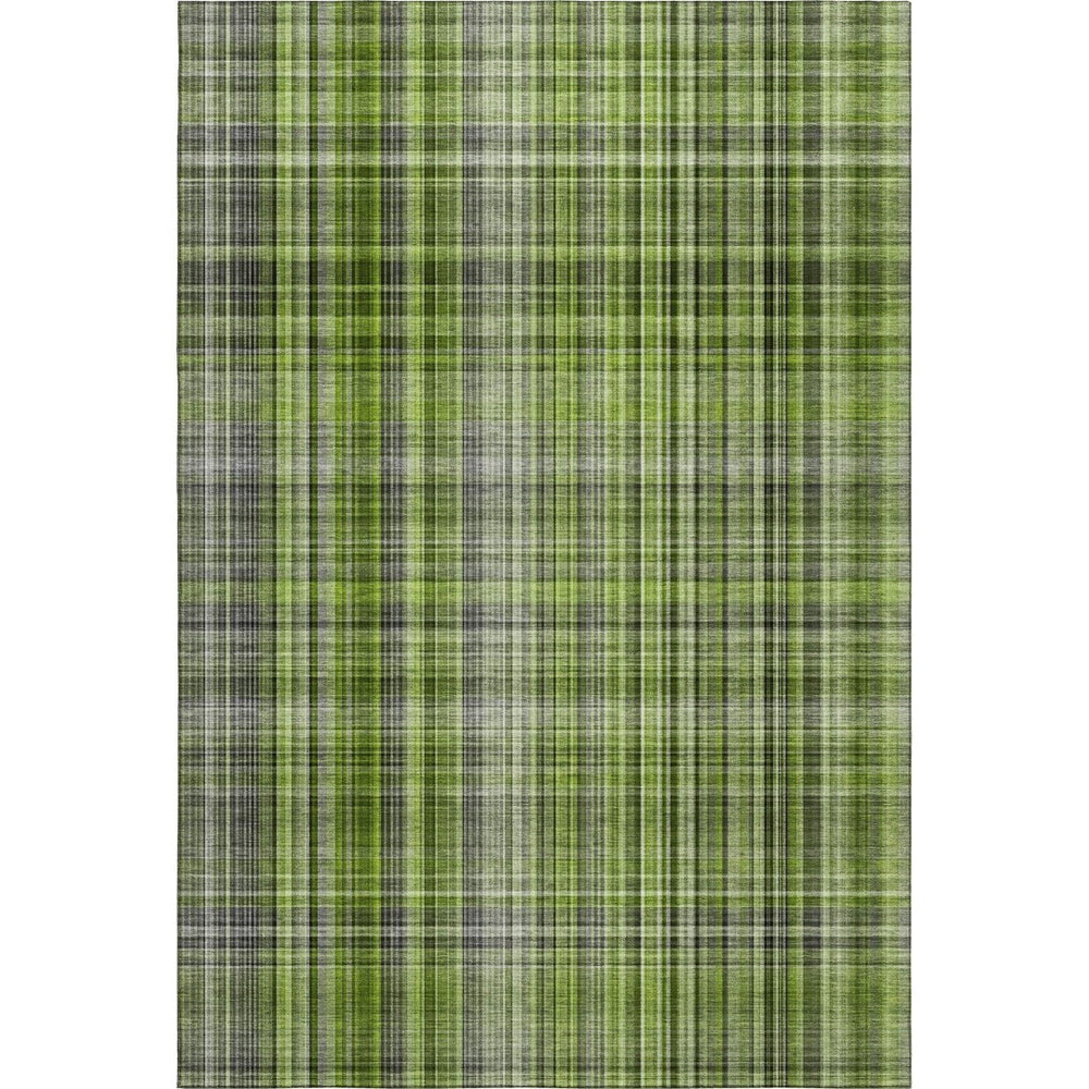 HomeRoots 9' X 12' Washable Plaid Area Rug in Green, Gray & Ivory - Stain Resistant, UV Protected & Durable! 648273