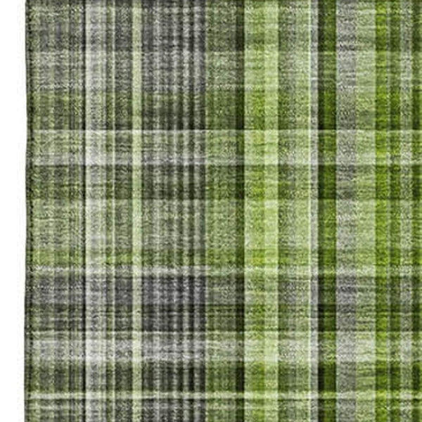 HomeRoots 9' X 12' Washable Plaid Area Rug in Green, Gray & Ivory - Stain Resistant, UV Protected & Durable! 648273