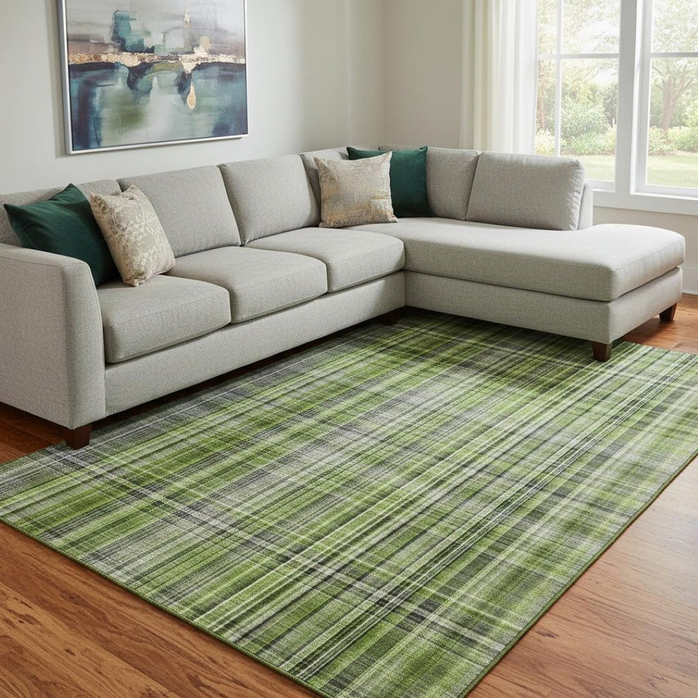 HomeRoots 10' X 14' Washable Area Rug in Green, Gray & Ivory Plaid - UV Protected, Durable & Stylish Home Decor 648274
