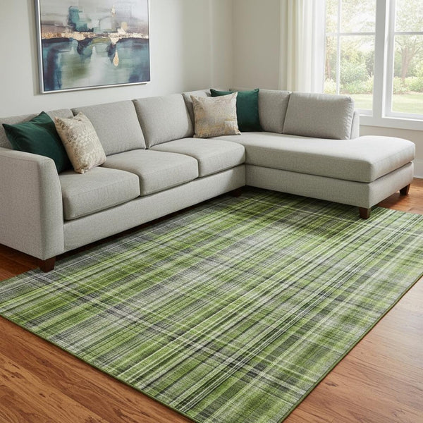 HomeRoots 10' X 14' Washable Area Rug in Green, Gray & Ivory Plaid - UV Protected, Durable & Stylish Home Decor 648274