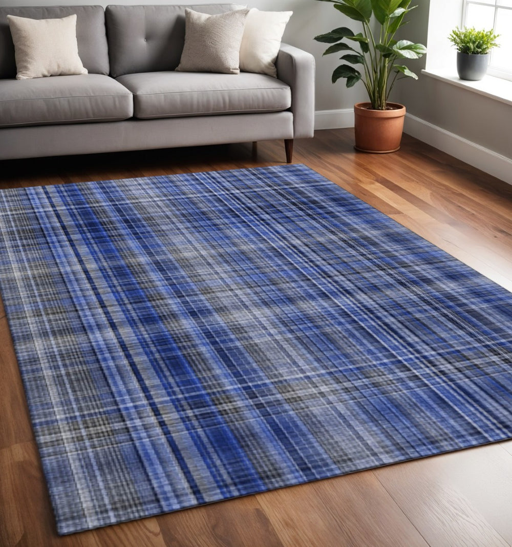 HomeRoots 5' X 8' Stylish Navy Blue and Gray Plaid Area Rug - Durable, Stain Resistant, UV Protected for Busy Homes 648276