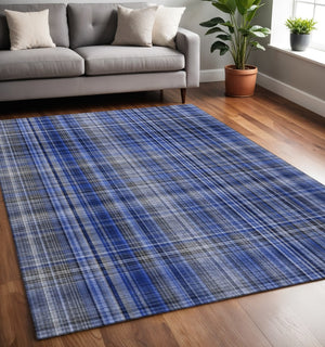 HomeRoots 5' X 8' Stylish Navy Blue and Gray Plaid Area Rug - Durable, Stain Resistant, UV Protected for Busy Homes 648276