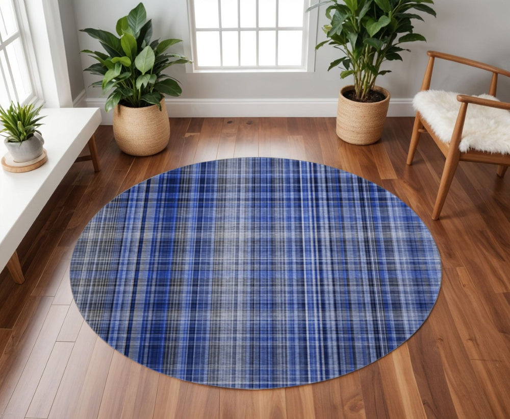 HomeRoots 8' Navy Blue & Gray Plaid Washable Round Rug - Durable, Stylish, UV-Protected for Every Space! 648277