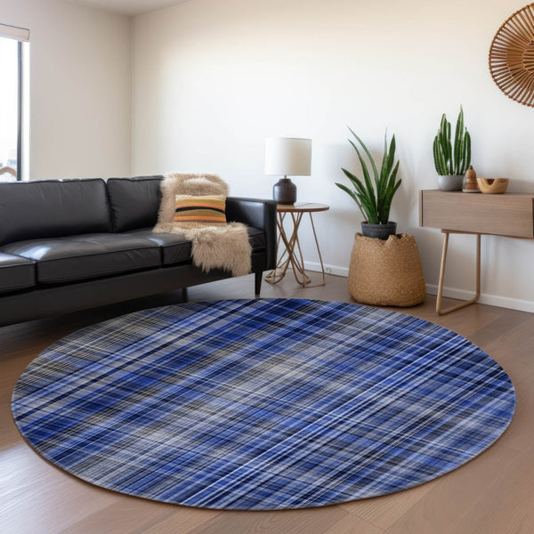 HomeRoots 8' Navy Blue & Gray Plaid Washable Round Rug - Durable, Stylish, UV-Protected for Every Space! 648277