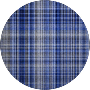 HomeRoots 8' Navy Blue & Gray Plaid Washable Round Rug - Durable, Stylish, UV-Protected for Every Space! 648277