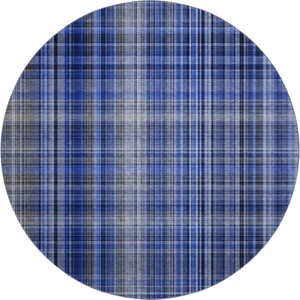 HomeRoots 8' Navy Blue & Gray Plaid Washable Round Rug - Durable, Stylish, UV-Protected for Every Space! 648277