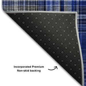 HomeRoots 8' Navy Blue & Gray Plaid Washable Round Rug - Durable, Stylish, UV-Protected for Every Space! 648277