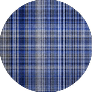 HomeRoots 8' Navy Blue & Gray Plaid Washable Round Rug - Durable, Stylish, UV-Protected for Every Space! 648277