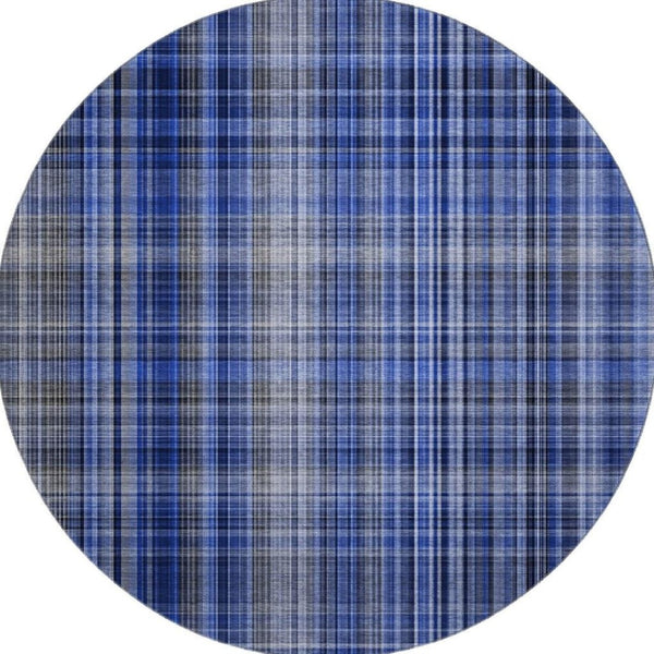HomeRoots 8' Navy Blue & Gray Plaid Washable Round Rug - Durable, Stylish, UV-Protected for Every Space! 648277