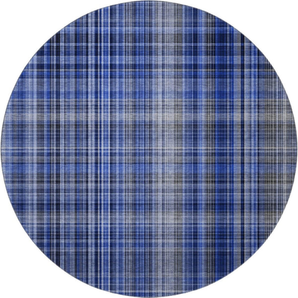 HomeRoots 8' Navy Blue & Gray Plaid Washable Round Rug - Durable, Stylish, UV-Protected for Every Space! 648277