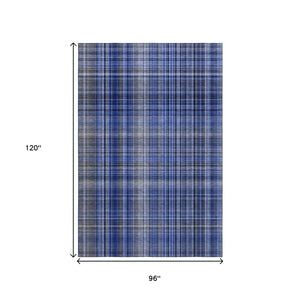 HomeRoots 8' X 10' Navy Blue & Gray Plaid Area Rug – Stylish, Washable, UV-Protected for Daily Use & Easy Care 648278