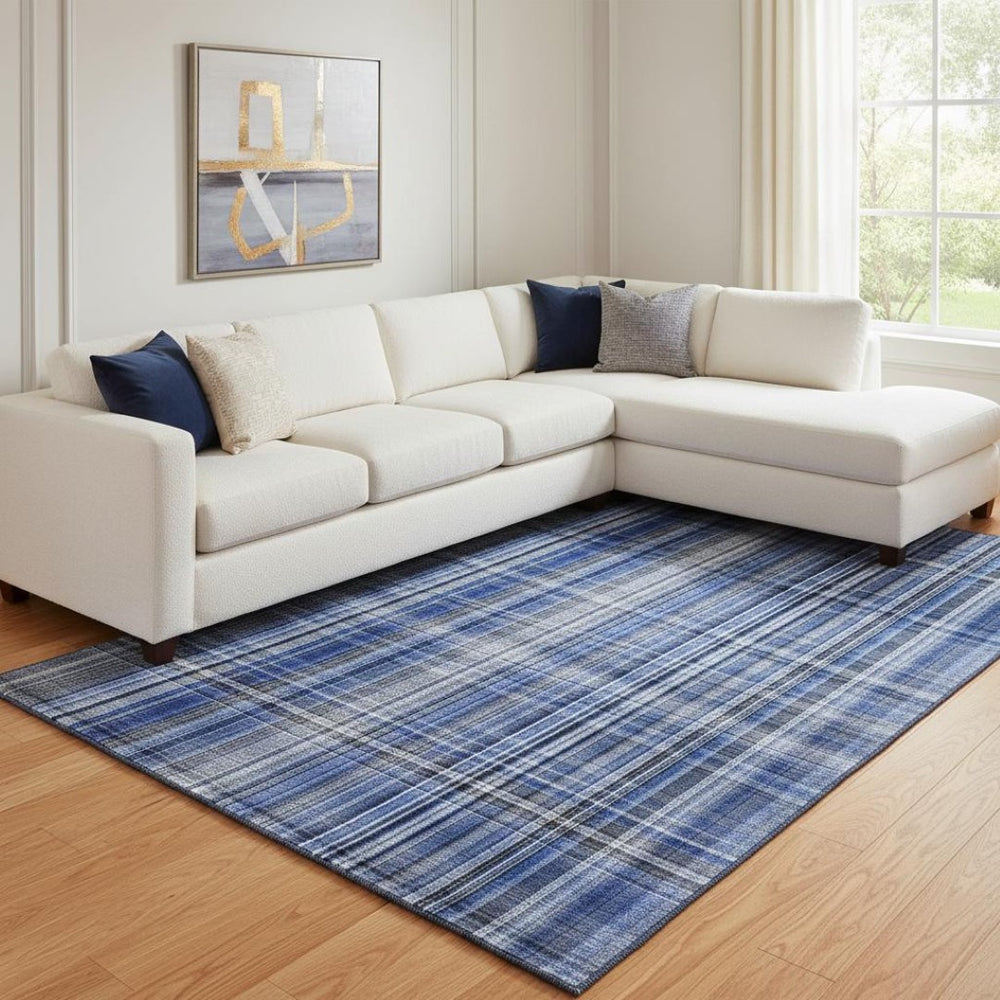 HomeRoots 8' X 10' Navy Blue & Gray Plaid Area Rug – Stylish, Washable, UV-Protected for Daily Use & Easy Care 648278