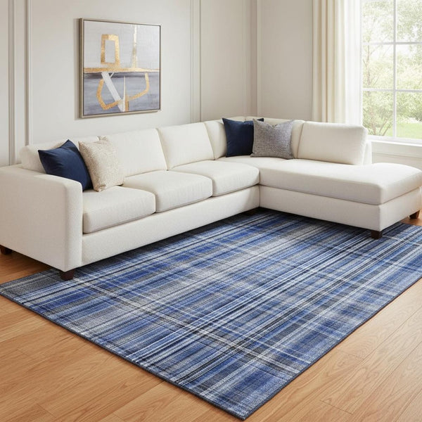 HomeRoots 8' X 10' Navy Blue & Gray Plaid Area Rug – Stylish, Washable, UV-Protected for Daily Use & Easy Care 648278