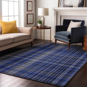 HomeRoots 8' X 10' Navy Blue & Gray Plaid Area Rug – Stylish, Washable, UV-Protected for Daily Use & Easy Care 648278