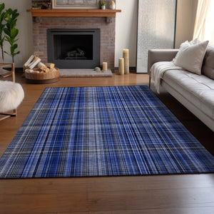 HomeRoots 8' X 10' Navy Blue & Gray Plaid Area Rug – Stylish, Washable, UV-Protected for Daily Use & Easy Care 648278