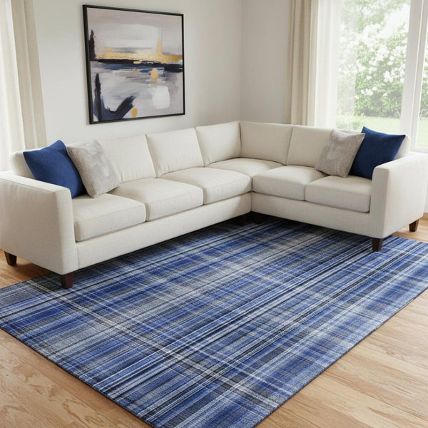 HomeRoots 9' X 12' Navy Blue & Gray Plaid Washable Area Rug – Durable, Stain-Resistant with UV Protection! 648279