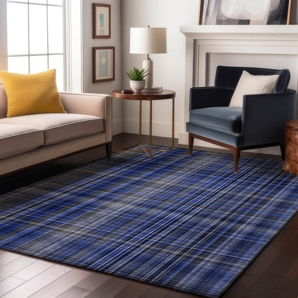 HomeRoots 9' X 12' Navy Blue & Gray Plaid Washable Area Rug – Durable, Stain-Resistant with UV Protection! 648279