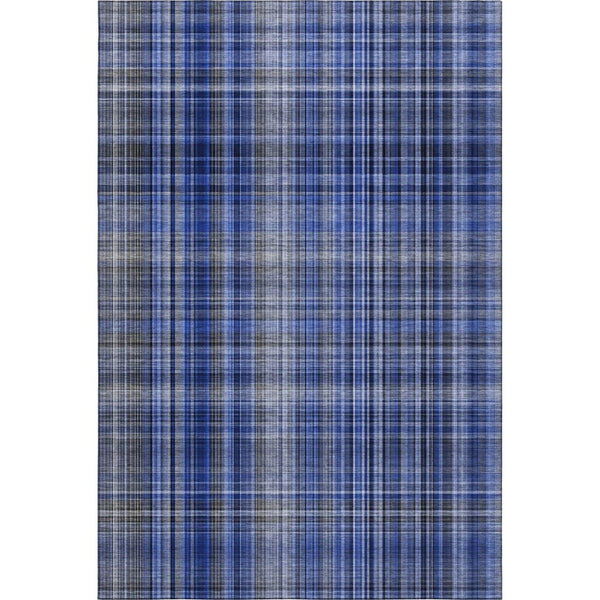 HomeRoots 9' X 12' Navy Blue & Gray Plaid Washable Area Rug – Durable, Stain-Resistant with UV Protection! 648279