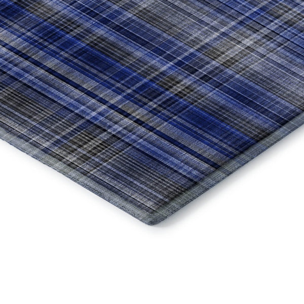 HomeRoots 9' X 12' Navy Blue & Gray Plaid Washable Area Rug – Durable, Stain-Resistant with UV Protection! 648279