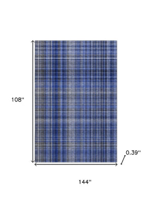 HomeRoots 9' X 12' Navy Blue & Gray Plaid Washable Area Rug – Durable, Stain-Resistant with UV Protection! 648279