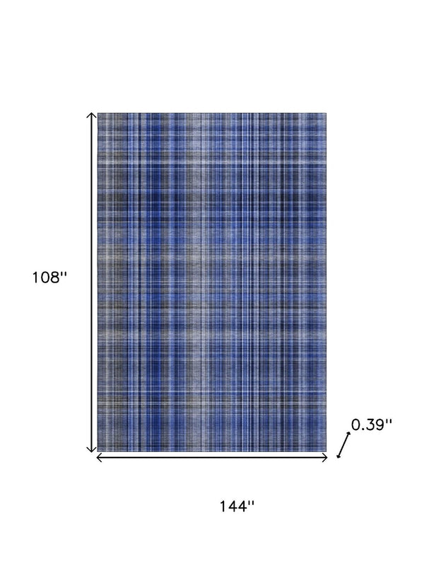 HomeRoots 9' X 12' Navy Blue & Gray Plaid Washable Area Rug – Durable, Stain-Resistant with UV Protection! 648279