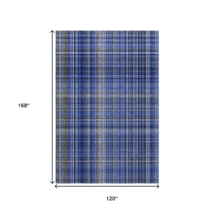 HomeRoots 10' X 14' Navy Blue & Gray Plaid Washable Area Rug - UV Protected, Stain Resistant, Durable Design 648280