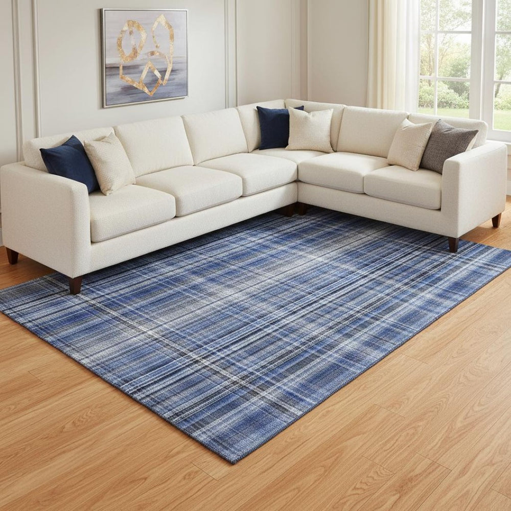 HomeRoots 10' X 14' Navy Blue & Gray Plaid Washable Area Rug - UV Protected, Stain Resistant, Durable Design 648280