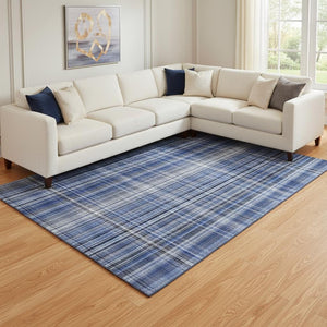 HomeRoots 10' X 14' Navy Blue & Gray Plaid Washable Area Rug - UV Protected, Stain Resistant, Durable Design 648280