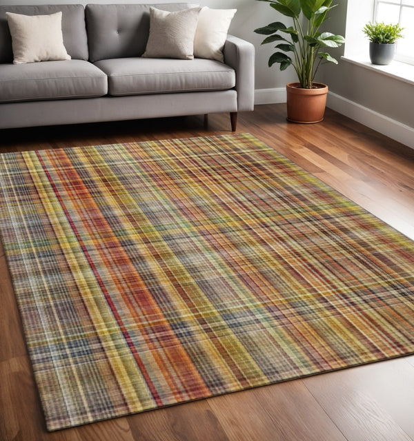 HomeRoots 5' X 8' Washable Rust Gold Green Plaid Area Rug with UV Protection for Family Spaces & High Traffic 648282