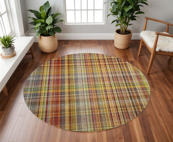 HomeRoots 8' Washable Round Rug in Rust, Gold & Green Plaid – Durable, Stain Resistant & UV Protected Decor Piece 648283
