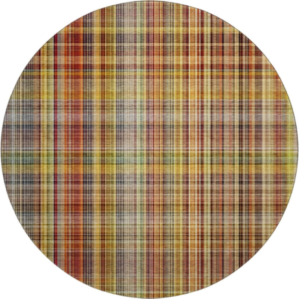 HomeRoots 8' Washable Round Rug in Rust, Gold & Green Plaid – Durable, Stain Resistant & UV Protected Decor Piece 648283
