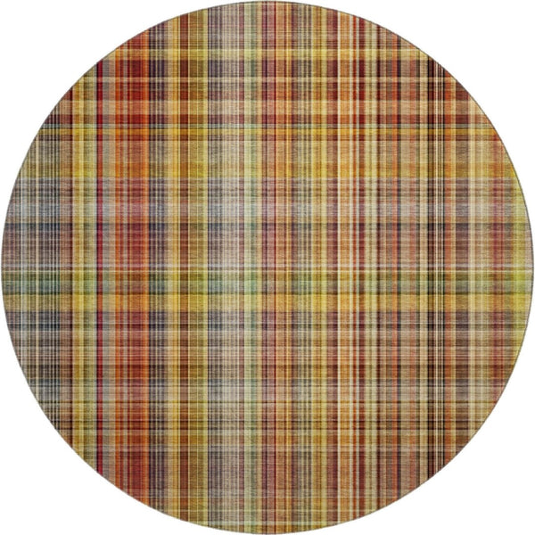 HomeRoots 8' Washable Round Rug in Rust, Gold & Green Plaid – Durable, Stain Resistant & UV Protected Decor Piece 648283