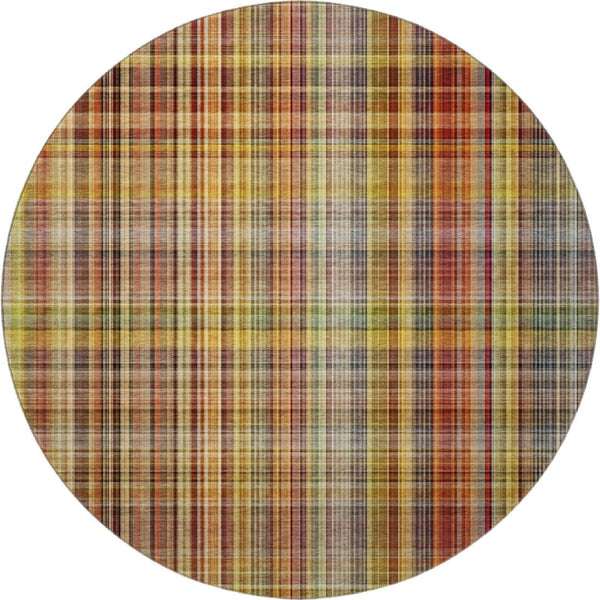 HomeRoots 8' Washable Round Rug in Rust, Gold & Green Plaid – Durable, Stain Resistant & UV Protected Decor Piece 648283