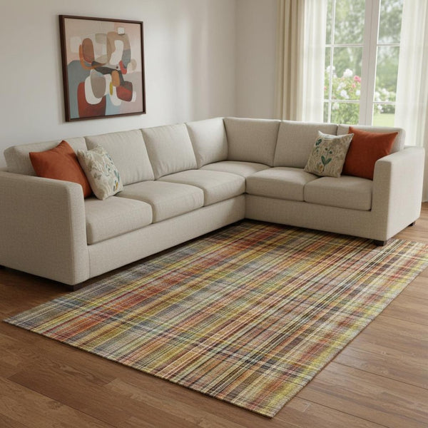 HomeRoots 8' X 10' Vintage Rust Gold Green Plaid Area Rug - Washable, UV-Protected, Perfect for Homes & Pets 648284