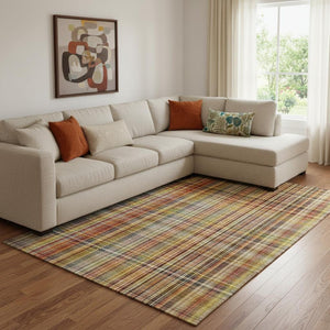HomeRoots 9' X 12' Rustic Plaid Area Rug in Rust, Gold & Green – Washable, Stain Resistant & UV Protected! 648285