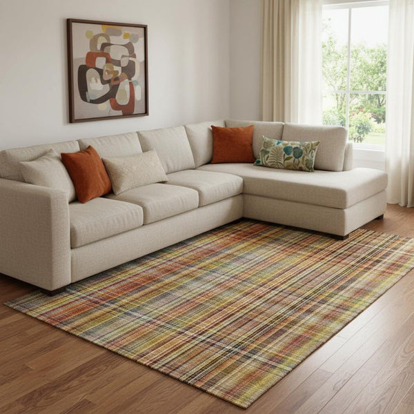 HomeRoots 9' X 12' Rustic Plaid Area Rug in Rust, Gold & Green – Washable, Stain Resistant & UV Protected! 648285